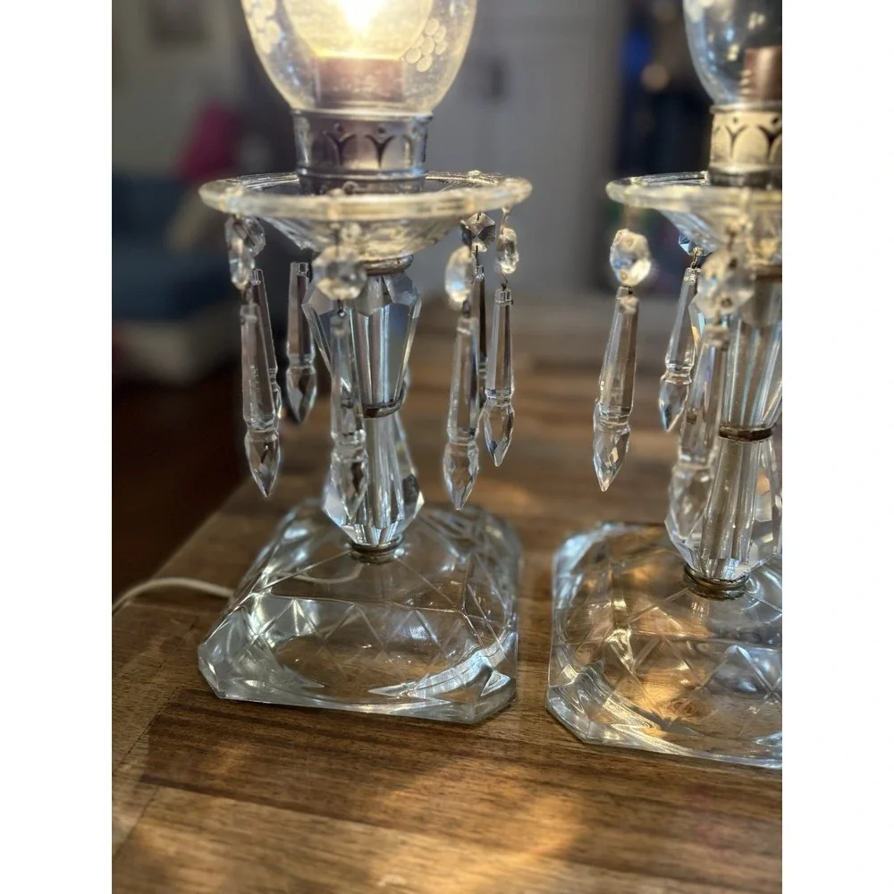 VTG Crystal Hurricane Buffet Lamps Mantle Etched Globes Prisms 15